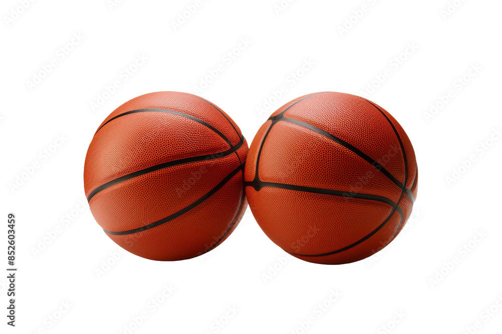 Fototapeta premium Two Basketball Balls Resting Side By Side Against a Clean White Background on a Clear PNG or White Background.