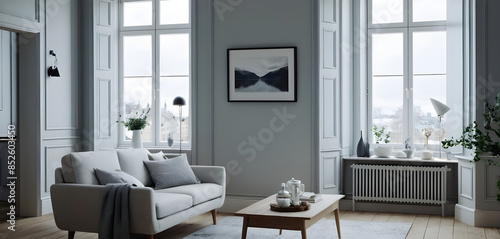 Modern, cozy living room with large windows and city view. Bright, airy space with minimalist scandinavian decor for relaxing in the city