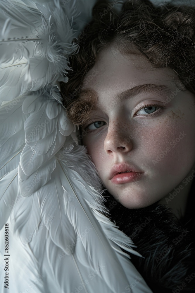 A young girl wrapped in white feathers, a unique and creative costume or prop A young girl wrapped in white feathers, a unique and creative costume or prop