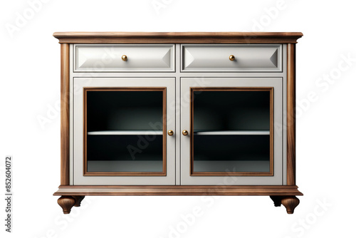 A Classic White Cabinet With Glass Doors and Intricate Wooden Trim on a Clear PNG or White Background.