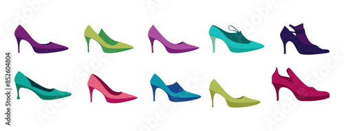 set of vector  high hills with white background, set of polish, set of shoes, colourful shoe design 