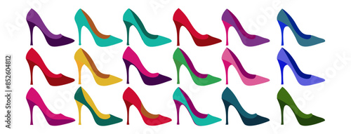 set of vector  high hills with white background, set of polish, set of shoes,  colourful shoe design 