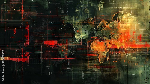 Technological World Map Abstract Art with Matrix Grid Patterns and Glowing Orange Highlights photo