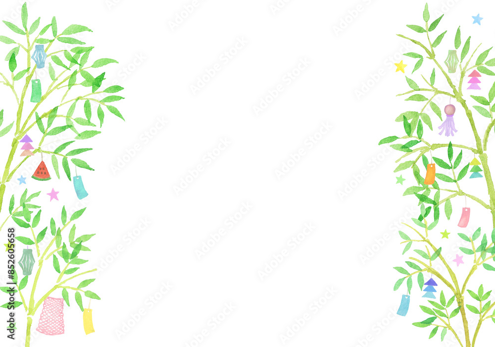 Naklejka premium 水彩絵の具で描いた七夕飾りのイラスト