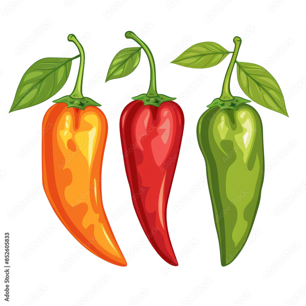 Colorful illustration of three chili peppers in yellow, red, and green with leaves, isolated on a white background. Colorful illustration of three chili peppers in yellow, red, and green with leaves, isolated on a white background.
