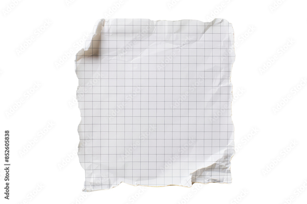 Crumpled sheet of graph paper isolated on white background. Ideal for design projects, texture backgrounds, or educational materials. Crumpled sheet of graph paper isolated on white background. Ideal for design projects, texture backgrounds, or educational materials.