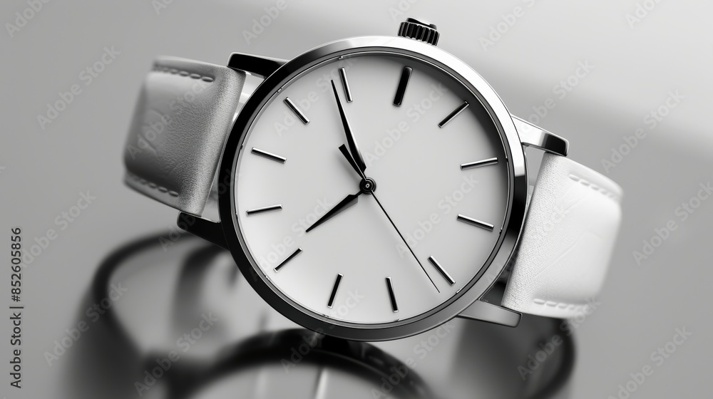 Close-up of a minimalist silver wristwatch with a white face and leather strap, lying on a reflective surface. Close-up of a minimalist silver wristwatch with a white face and leather strap, lying on a reflective surface.