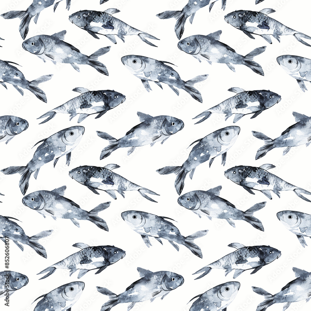 Watercolor seamless pattern with many silver swimming fish on white background. Watercolor seamless pattern with many silver swimming fish on white background.