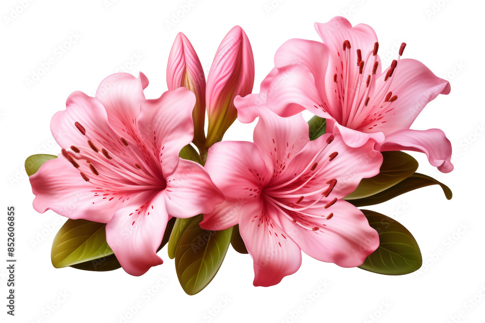 Fototapeta premium A Delicate Bouquet of Pink Azalea Blossoms on a White Background on a Clear PNG or White Background.