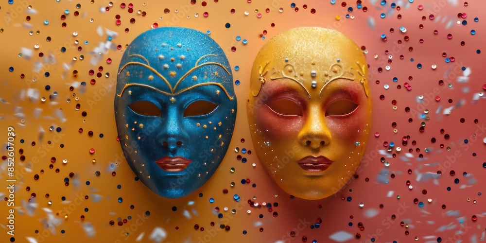 Carnival Masks on Yellow Background with Sparkles Carnival Masks on Yellow Background with Sparkles