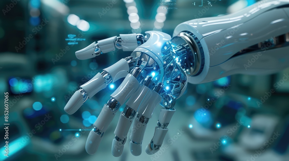 Robot hand on blurred background using digital hologram 3D rendering Robot hand on blurred background using digital hologram 3D rendering