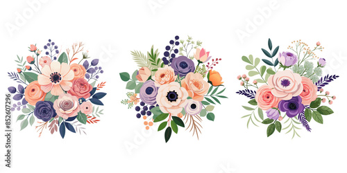 Vector floral bouquet design garden pink peach lavender creamy powder pale Rose wax flower, anemone Eucalyptus branch greenery leaves berry.
