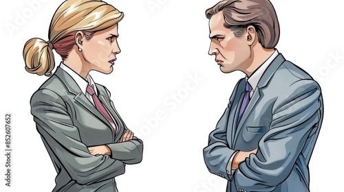 Two business professionals stand with arms crossed, facing each other with distrust photo