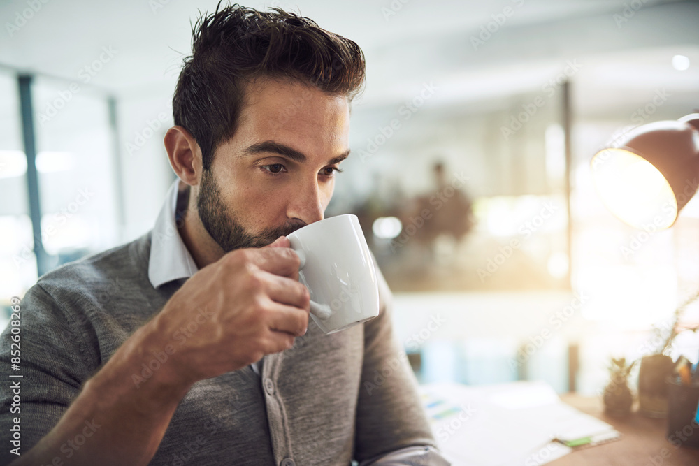 Businessman, drinking and night with coffee at office for caffeine beverage, cappuccino or latte. Man or employee working late or thinking with cup or mug in wonder or thought for business decision Businessman, drinking and night with coffee at office for caffeine beverage, cappuccino or latte. Man or employee working late or thinking with cup or mug in wonder or thought for business decision