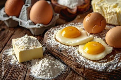 Wallpaper Mural close-up photo of fresh ingredients crucial for baking, including butter, eggs, flour, and sugar, on a rustic wooden table. Torontodigital.ca