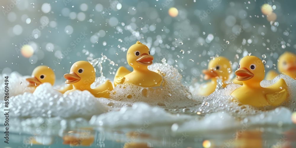 Cheerful Rubber Ducks Playing in Sparkling Bath Water with Bubbles Cheerful Rubber Ducks Playing in Sparkling Bath Water with Bubbles