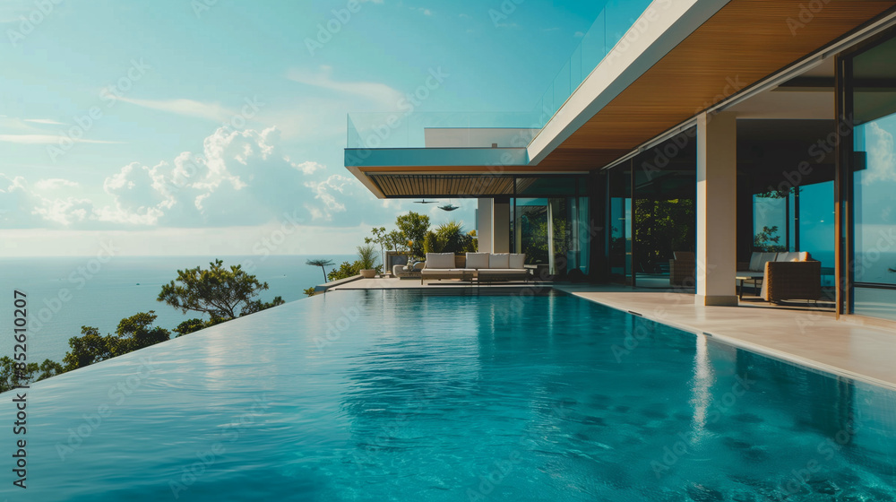 Obraz premium Modern villa with open plan living with swimming pool