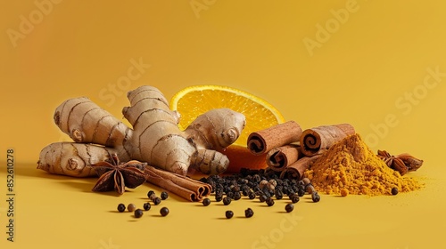 Hyperrealistic photography a bunch of cinamon, turmeric, ginger, black pepper, orange background, flatlay, Canon EOS 90D with a Canon lens EF 85mm f/2.8L IS III USM a 1/5300 seg., f/7.1 e ISO 2500. photo