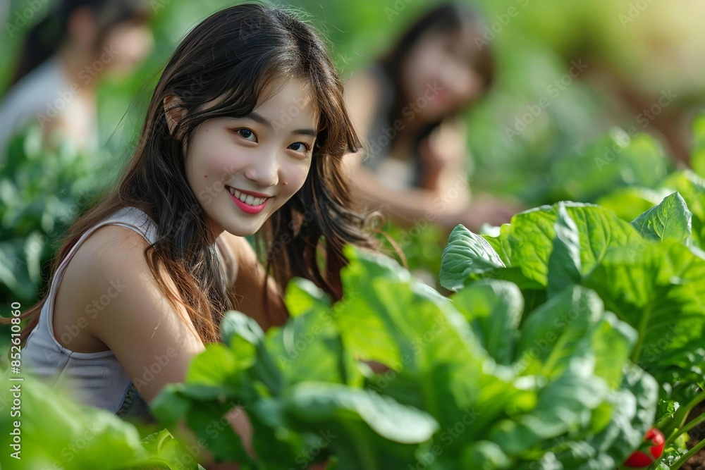 Waist up photo of female Asian students harvesting vegetables from their garden. Waist up photo of female Asian students harvesting vegetables from their garden.