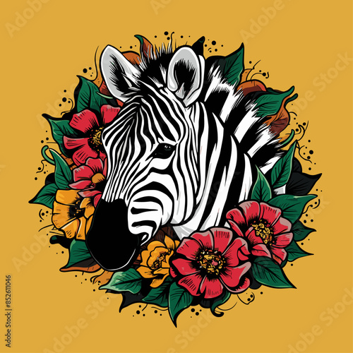 floral illustration of a zebra
