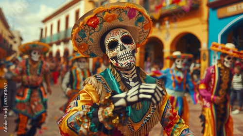 person dressed as dead, skeleton face painting, Day of the Dead costume, Dia de los Muertos  photo