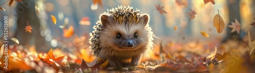 Adorable hedgehog in autumn forest surrounded by falling leaves, captured in warm sunlight, creating a cozy, nature-filled atmosphere. © KanitChurem