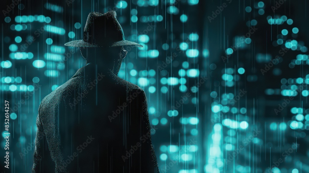 dark silhouette of a man in a raincoat with a hat at night on the street in a crime Noir style dark silhouette of a man in a raincoat with a hat at night on the street in a crime Noir style
