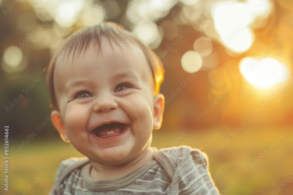 A radiant baby with bright eyes and a wide smile, captured against a backdrop of a warm, golden sunset in a lush, green park. A radiant baby with bright eyes and a wide smile, captured against a backdrop of a warm, golden sunset in a lush, green park.