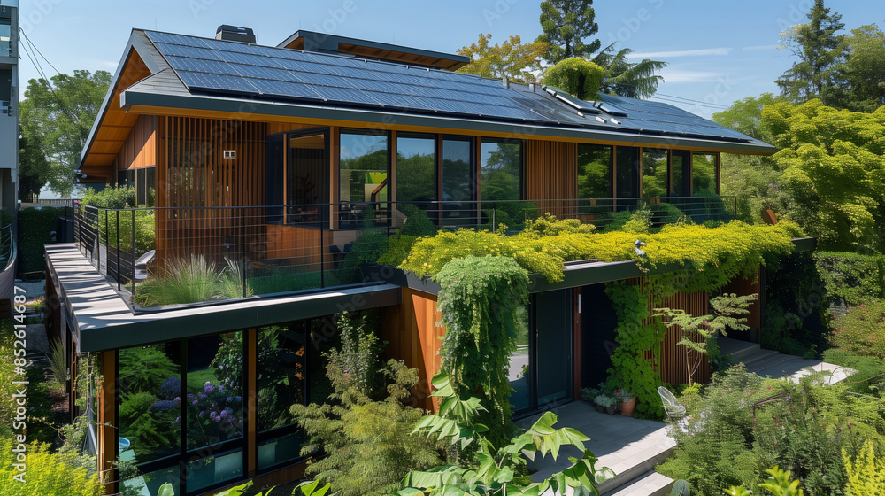 modern family house with solar panels modern family house with solar panels