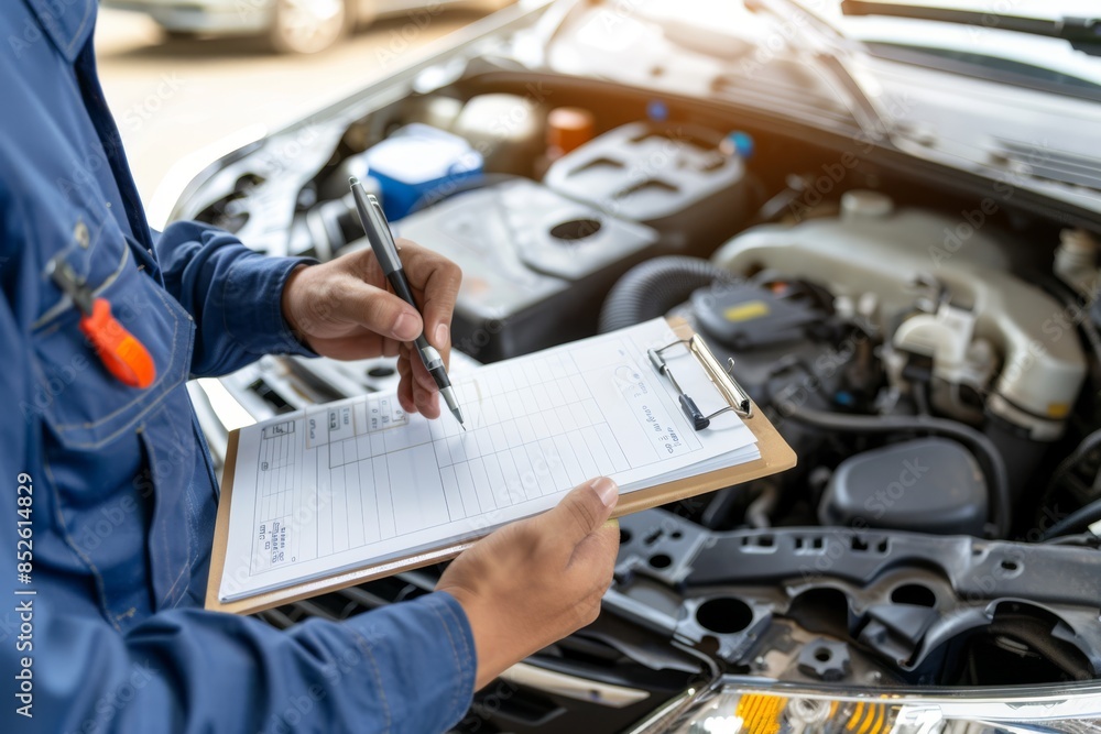 The mechanic is taking notes on the form while he looks at an open car hood The mechanic is taking notes on the form while he looks at an open car hood