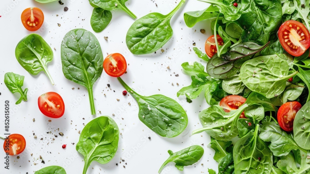 Tasty salad featuring leafy greens tomatoes and spinach on a white background Tasty salad featuring leafy greens tomatoes and spinach on a white background