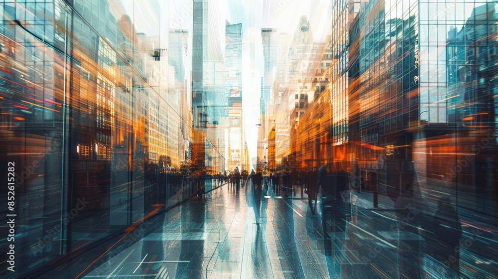 Abstract cityscape with dynamic light trails and blurred people, showcasing the energy and movement of urban life. Abstract cityscape with dynamic light trails and blurred people, showcasing the energy and movement of urban life.