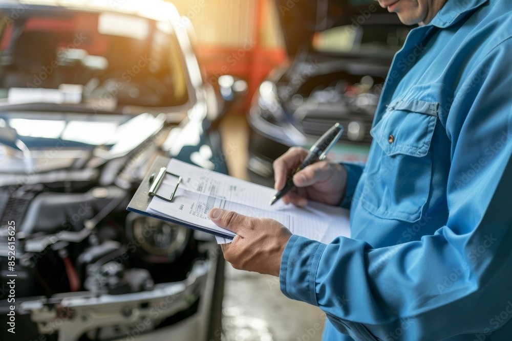 The mechanic is taking notes on the form while he looks at an open car hood The mechanic is taking notes on the form while he looks at an open car hood