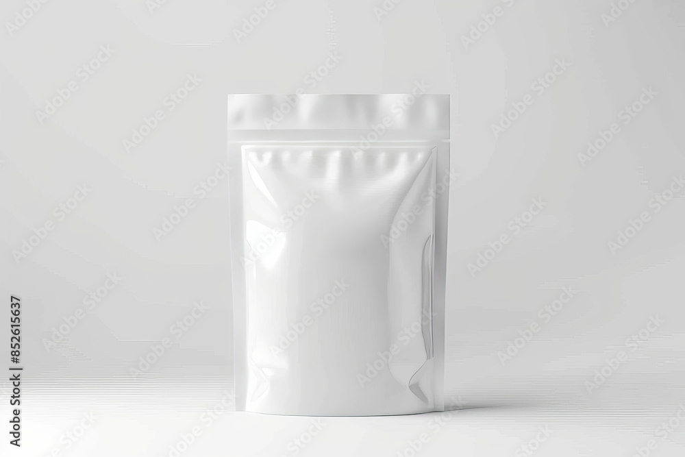 A blank, white, stand-up pouch is displayed on a plain backdrop, highlighting its minimalist design and glossy texture. A blank, white, stand-up pouch is displayed on a plain backdrop, highlighting its minimalist design and glossy texture.