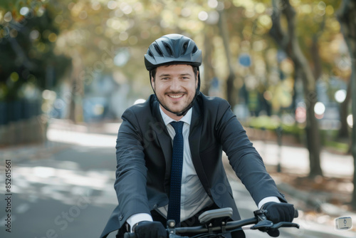 A joyful professional in a suit and bike helmet smiles while riding a bicycle on a sunny city street, blending work and an active lifestyle. photo