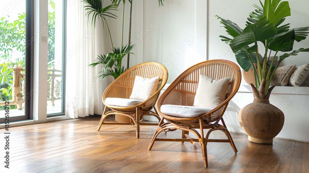 rattan chairs in the living room of a minimalist house, rattan chairs with fine woven material and soft pillows are in the corner of the living room, Ai generated Images rattan chairs in the living room of a minimalist house, rattan chairs with fine woven material and soft pillows are in the corner of the living room, Ai generated Images