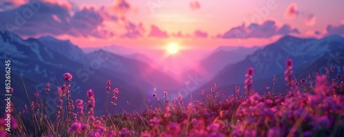 A beautiful sunrise in the mountains with grass and purple and orange tones A realistic photo in the style of high resolution