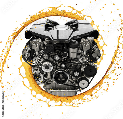 New car engine with oil in background. Automotive oil industries. Concept for engine oil lubrication.