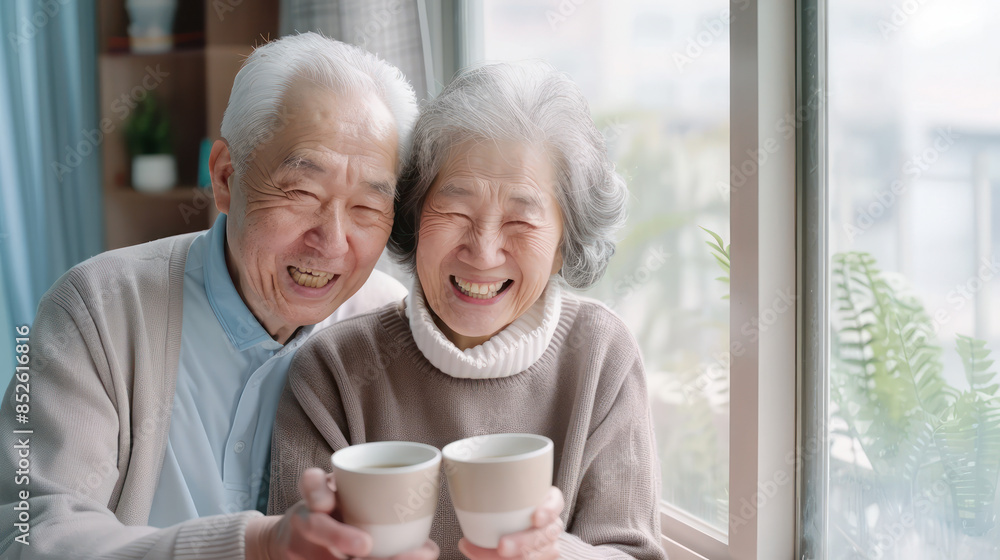 Happy Elderly Couple Enjoying Tea Together by the Window in a Cozy Home Environment, Embracing Each Other with Warm Smiles and Showing Love and Companionship in Their Golden Years Happy Elderly Couple Enjoying Tea Together by the Window in a Cozy Home Environment, Embracing Each Other with Warm Smiles and Showing Love and Companionship in Their Golden Years