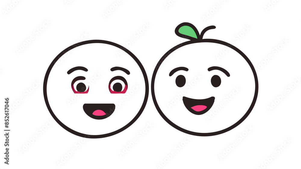 Fototapeta premium Two round cartoon faces with cheerful expressions on a transparent background. One side has a small green leaf on top, with eyes and mouths on either side, suggesting happiness and playfulness.AI gene