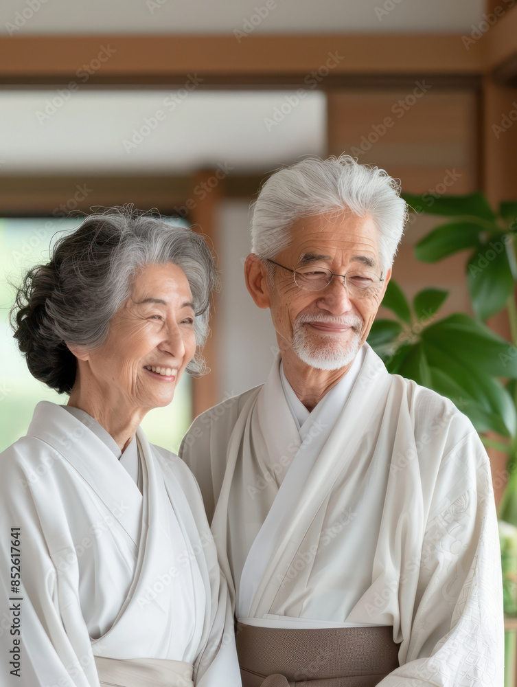 Serene Elderly Couple Enjoying Their Golden Years in Elegant Traditional Attire Against a Peaceful Backdrop