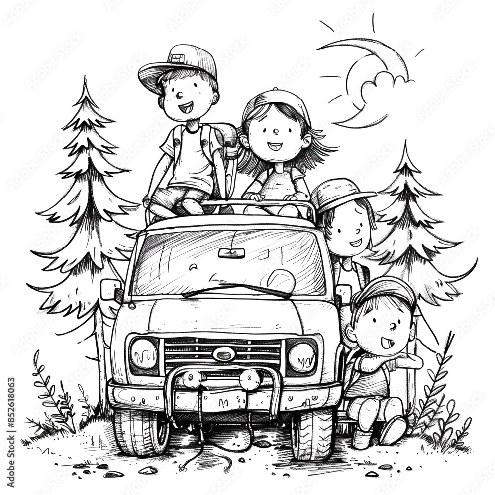 Illustration of three children enjoying a fun adventure in nature with a jeep and pine trees in the background Illustration of three children enjoying a fun adventure in nature with a jeep and pine trees in the background