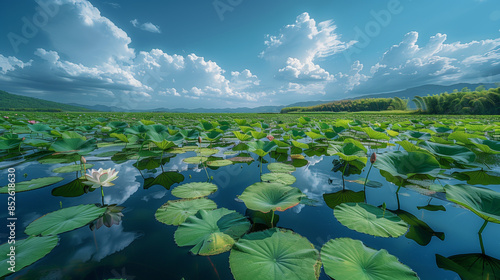 Upward angle view of a lotus pond featuring vibrant lotus leaves and a clear water surface with duckweed, set against a blue sky. The high saturation and natural light highlight the fresh green tones 