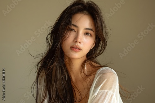 Beautiful young Asian woman with clean, fresh skin touching her face and smiling on a white background,  isolated in a beauty treatment concept, spa luxury aesthetic. © LU