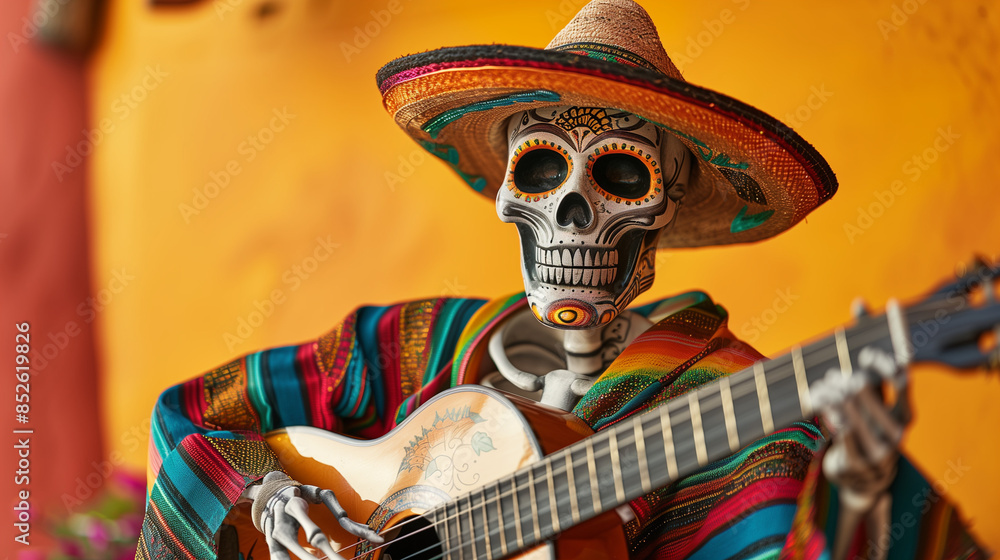 day of dead skeleton playing traditional guitar on solid color, Dia de los Muertos wallpaper with copy space day of dead skeleton playing traditional guitar on solid color, Dia de los Muertos wallpaper with copy space