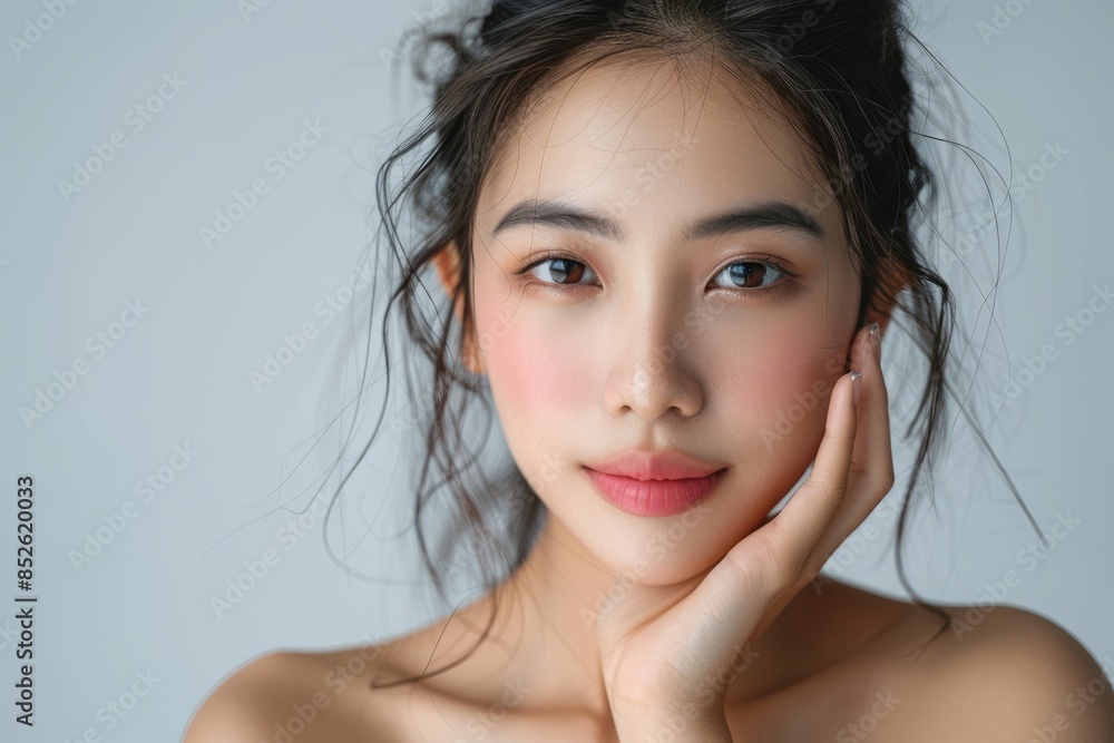 Beautiful young Asian woman with clean, fresh skin touching her face and smiling on a white background, isolated in a beauty treatment concept, spa luxury aesthetic. Beautiful young Asian woman with clean, fresh skin touching her face and smiling on a white background, isolated in a beauty treatment concept, spa luxury aesthetic.
