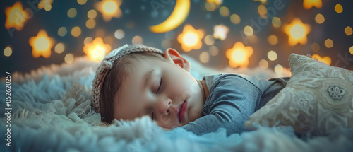 lullaby background with stars and moon cartoon baby boy sleeping with eyes closed in half moon clouds created with Generative AI Technology