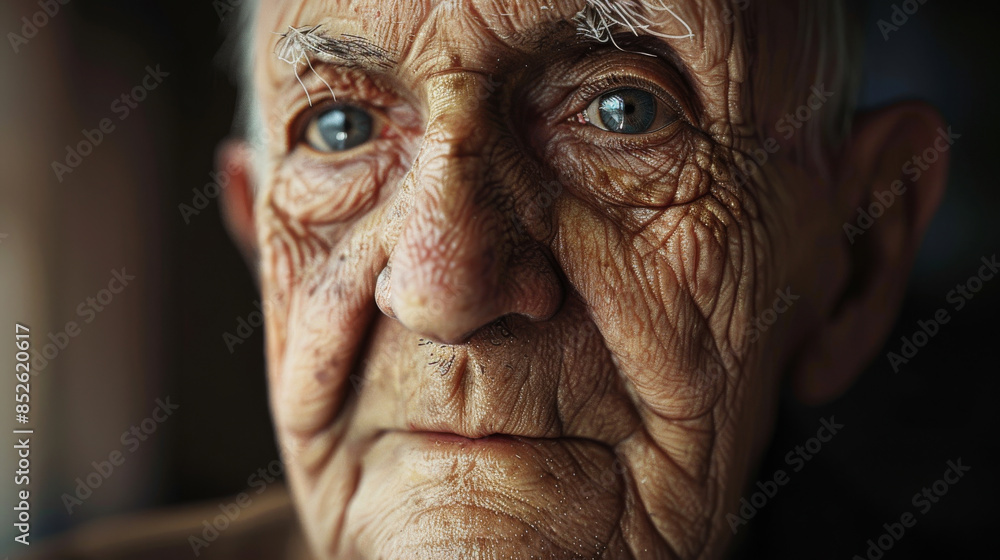 An elderly man's deeply wrinkled face is intimately captured, with his piercing, soulful blue eyes conveying a wealth of life experiences. An elderly man's deeply wrinkled face is intimately captured, with his piercing, soulful blue eyes conveying a wealth of life experiences.