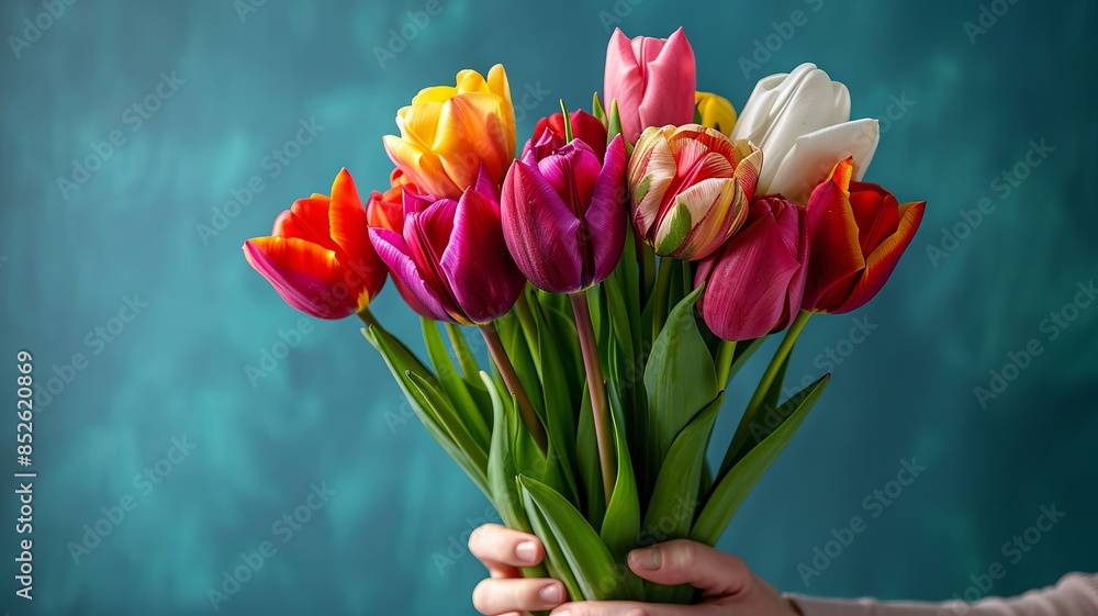 Φωτογραφία A Bright and Colorful Bouquet of Fresh Tulip Flowers Against a Vibrant Teal Back