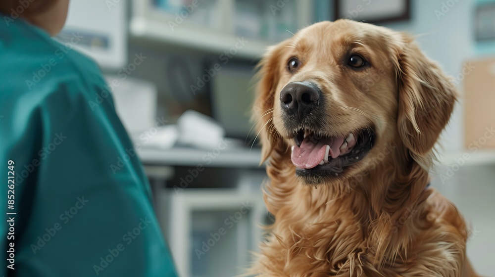 cute labrador dog at vet's surgery looking at vet cute labrador dog at vet's surgery looking at vet